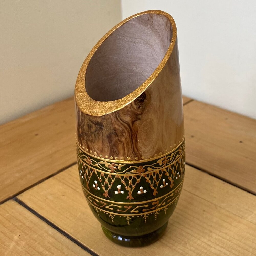 Hand Crafted Wood Decorative Vase Hand Painted Green & Gold Design 5" Tall